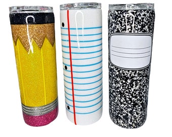 One- Epoxy Stainless Steel Teacher Tumbler (You Pick), Glitter Pencil Cup, Loose Leaf Lined Paper Tumbler, Composition Notebook Travel Mug