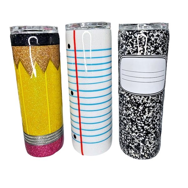 One- Epoxy Stainless Steel Teacher Tumbler (You Pick), Glitter Pencil Cup, Loose Leaf Lined Paper Tumbler, Composition Notebook Travel Mug