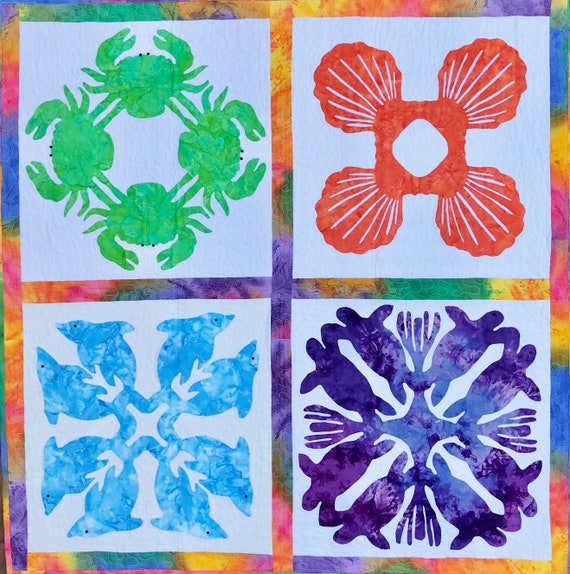 Hawaiian Applique Pdf Quilt Pattern Turtle Dolphin Clam Shell Crab Wall Hanging Table Runner Pillow For Home Decor - 