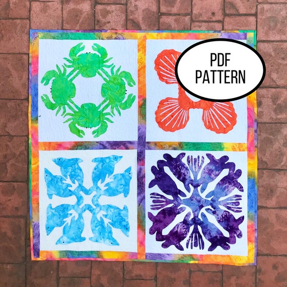 hawaiian applique pdf quilt pattern turtle dolphin clam etsy australia