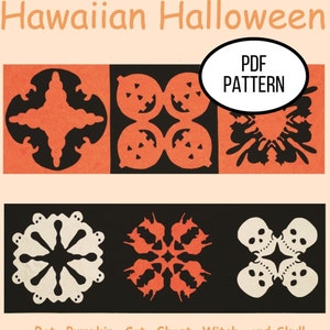 Puede incluir: Un patrón PDF con temática de Halloween con diseños recortados. Los diseños incluyen murciélagos, calabazas, gatos, fantasmas, brujas y calaveras. La paleta de colores consta de naranja, negro y blanco. También se ve el texto "Hawaiian Halloween" y "PDF PATTERN".