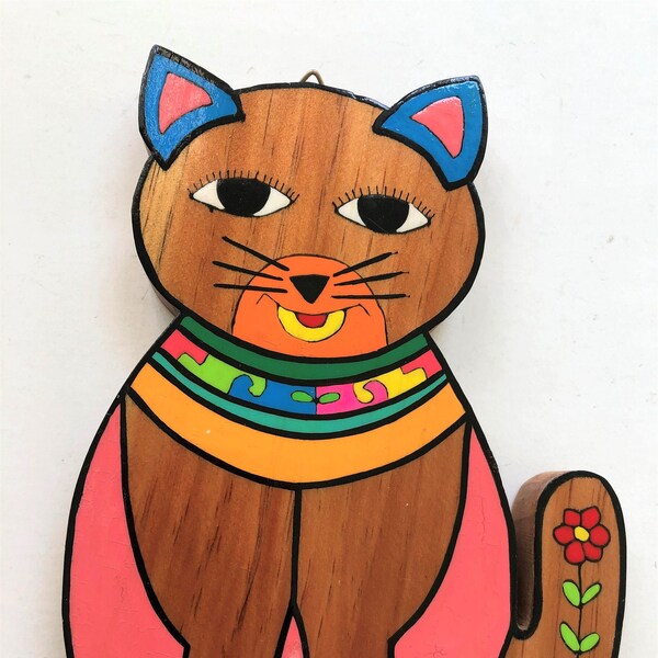 Placa de arte de gato, arte popular salvadoreño, pared de madera colgante, brillante y colorido, amantes de los gatos, con sello de espalda, gato pintado a mano/ felino, arte importado