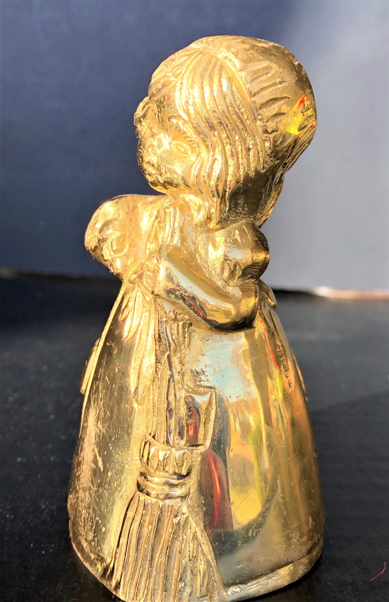 Solid Brass Bell~Shaped like a Little Girl Holding a Broom~Child Maid~Vintage Brass Bell~Collectible Bells~