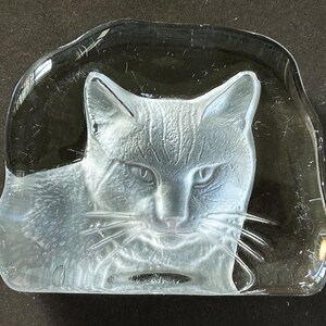 May include: A clear glass paperweight featuring a three-dimensional frosted relief of a cat's face. The cat is depicted with detailed fur texture, pointed ears, and long whiskers, set against a smooth, transparent glass background with rounded edges.