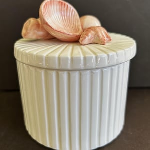May include: A cylindrical white ceramic jar with a vertical ribbed texture and a matching lid. The lid is topped with a cluster of three sculpted seashells in shades of soft pink and peach, featuring detailed ridges and natural organic shapes.