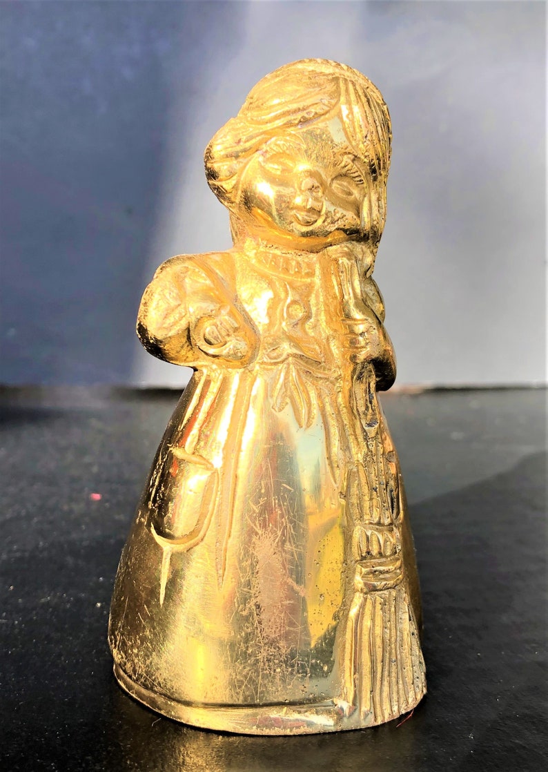 Solid Brass Bell~Shaped like a Little Girl Holding a Broom~Child Maid~Vintage Brass Bell~Collectible Bells~
