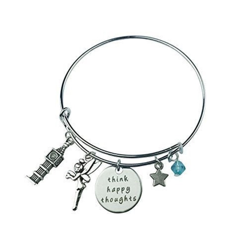 Art Attack Silvertone Think Happy Thoughts Big Ben Clock Fairy Dust Turquoise Bead Star Charm Expandable Bracelet