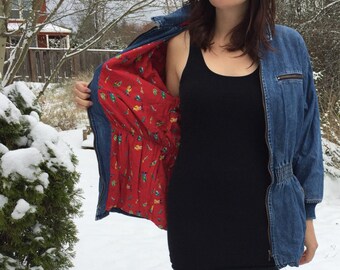 Vintage 1980's Small/Medium Zip Up Jean Jacket with Amazing Fisherman Fabric Lining in a Bold Red/Elastic Cuffs Cinched Waist/By Merona