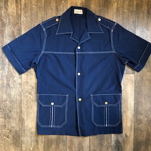 Vintage 1960's Men's M Navy Blue Short Sleeve Tunic Top with White Contrast Stitching, Double Hip Pockets, Notched Collar, and Snap Buttons image 1