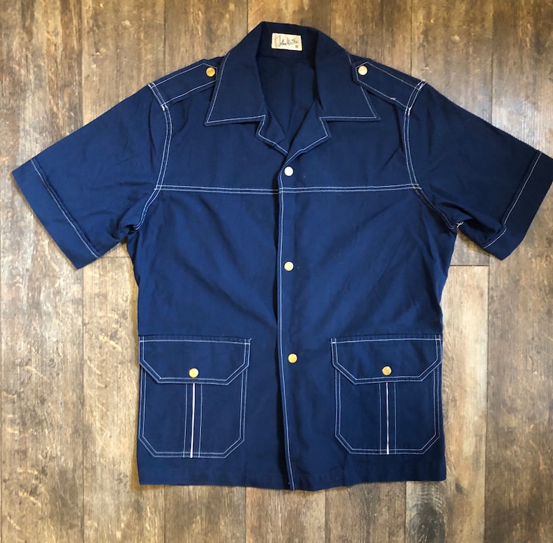 Vintage 1960's Men's M Navy Blue Short Sleeve Tunic Top with White Contrast Stitching, Double Hip Pockets, Notched Collar, and Snap Buttons image 1