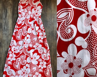 Vintage 1960's XS/S Red and White Hawaiian Print Zip Up Sleeveless Maxi Dress with Empire Waist by Patty Woodard California Hippie Sundress