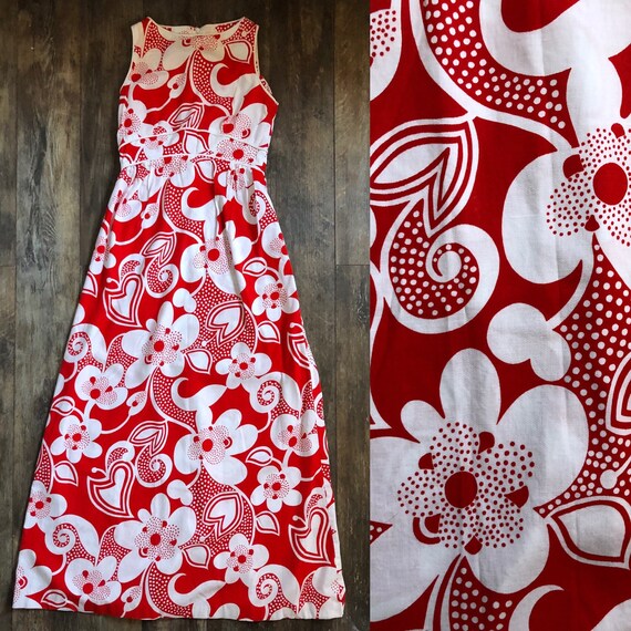 Vintage 1960's XS/S Red and White Hawaiian Print Zip up Sleeveless Maxi  Dress With Empire Waist by Patty Woodard California Hippie Sundress - Etsy