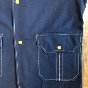 Vintage 1960's Men's M Navy Blue Short Sleeve Tunic Top with White Contrast Stitching, Double Hip Pockets, Notched Collar, and Snap Buttons image 3