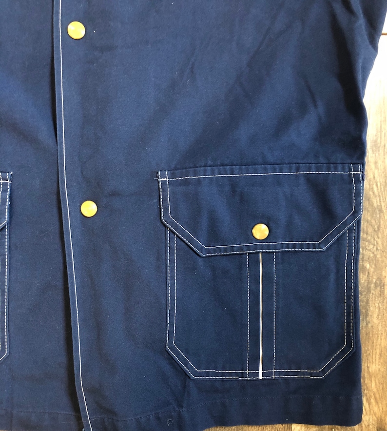 Vintage 1960's Men's M Navy Blue Short Sleeve Tunic Top with White Contrast Stitching, Double Hip Pockets, Notched Collar, and Snap Buttons image 3