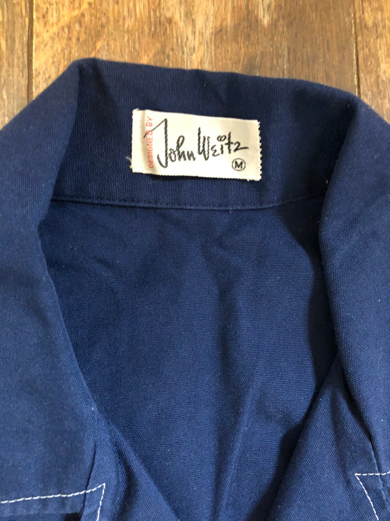 Vintage 1960's Men's M Navy Blue Short Sleeve Tunic Top with White Contrast Stitching, Double Hip Pockets, Notched Collar, and Snap Buttons image 4