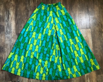 Vintage 1960's XS High Waisted Maxi Skirt with Pockets - Mid Century Modern Print in Greens and Blues