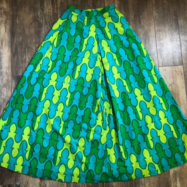 Vintage 1960's XS High Waisted Maxi Skirt with Pockets - Mid Century Modern Print in Greens and Blues