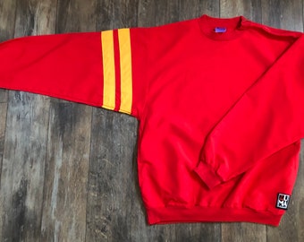 Vintage 1990s Mens Oversized M/L Red Pullover Lightweight Jacket Windbreaker with Shoulder Zipper Yellow Stripes Pockets- Zuma Beach Jantzen