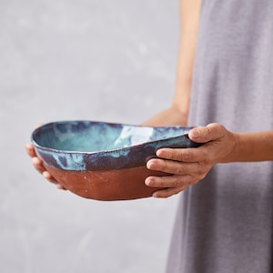 Extra Large Hand Crafted Pottery Oval Serving Bowl, Turquoise Large Dinner Serving Dish, Deep Blue Ceramic Bowl, Gift For Mom
