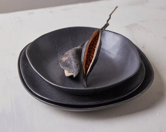Black Handmade Ceramic Dinnerware Set, Wabi-Sabi Charcoal Black Pottery Plates Set, Japanese Minimalist Square Plates, Large Dinner Plates