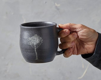 Set of 2 Pottery Large Black Handmade Mug, 14 Oz Coffee Mug, Black and White Modern Ceramic Tea Mug Set with Tree Print, Gift for Father
