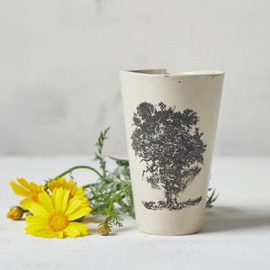 TWO Large Handmade Ceramic Cups With Tree Print, Modern Set Of 2 White Pottery Tumblers, Ceramic Tall 11 Oz Unique Cups, Stoneware Teacups
