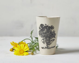 TWO Large Handmade Ceramic Cups With Tree Print, Modern Set Of 2 White Pottery Tumblers, Ceramic Tall 11 Oz Unique Cups, Stoneware Teacups