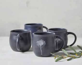 Set of FOUR Black Handmade Ceramic Mugs, 4 Rustic Large 14 Oz Coffee Mugs Set, Pottery Huggable Hot Cacao Mugs, Wheel Thrown Mugs