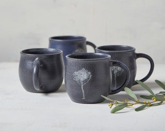 Set of 2 Unique Black Pottery Coffee Mugs, Handmade Ceramic Mugs Set, Pottery Mug with Tree Image, Nature Rustic XL Coffee Mugs, Mother Gift