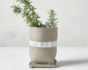 Gray Ceramic Succulent Planter with Saucer: Rustic Pottery Decor