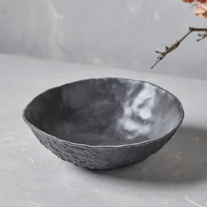 Handmade Large Organic Shape Black Serving Bowl, Black Ceramic Bowl, Textured Pottery Salad Bowl, Deep Decorative Bowl, Unique Wedding Gift image 2