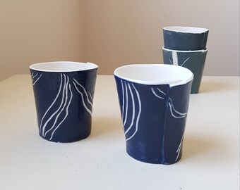 Porcelain Espresso Cup Set, Blue Espresso Cup, Pottery, Coffee Cup, Coffee Lovers Gift, Espresso Mug, Coffee Gift, Small Cup, Sgraffito