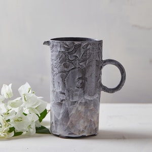 Handmade Ceramic Vase with Handle, Black Clay Floral Texture Pitcher Vase, Modern Decorative Flower Vase, Unique Gift for Home Decor