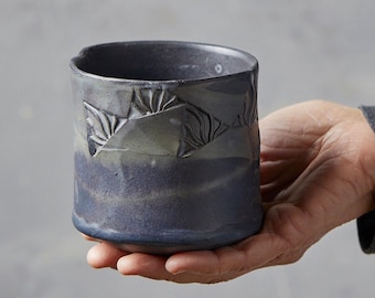 Set of 2 Black Ceramic Textured Mugs, Handleless Pottery Tea Cups