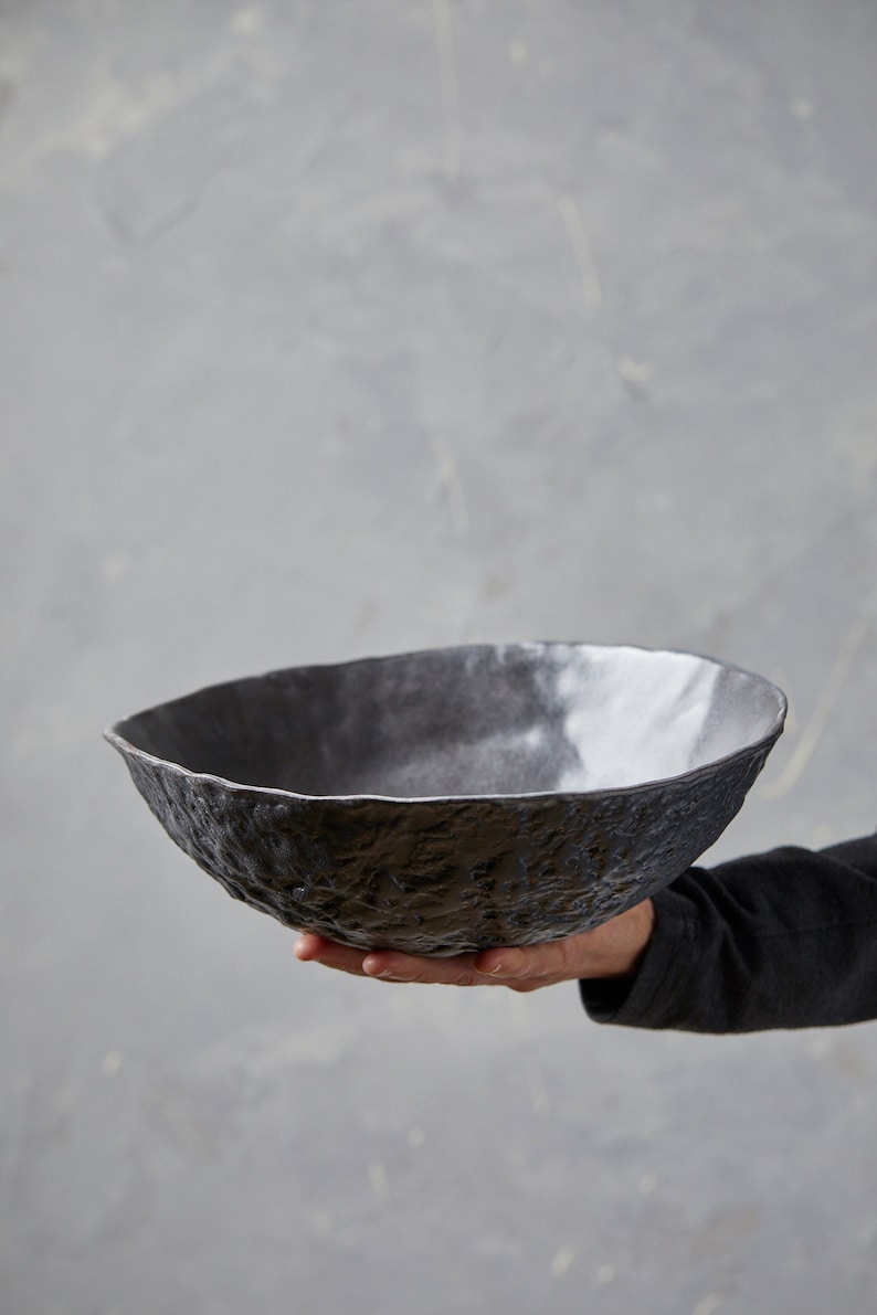 Handmade Large Organic Shape Black Serving Bowl, Black Ceramic Bowl, Textured Pottery Salad Bowl, Deep Decorative Bowl, Unique Wedding Gift image 4