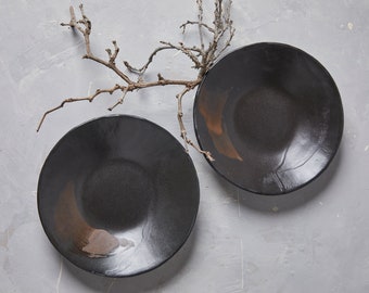 Set of 2 Black Pottery Bowls, Decorative Ceramic Serving Bowl Set, Japanese Stylish Bowl, Wabi Sabi Pottery Dinnerware, Unique Modern Bowl