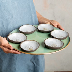 Green-Turquoise Large Platter & 6 Bowls Set, Seder Plate, Handmade Ceramic Large Serving Set, Nachos and Snacks Serving Dish, Wedding Gift image 1
