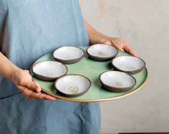 Green-Turquoise Large Platter & 6 Bowls Set, Seder Plate,  Handmade Ceramic Large Serving Set, Nachos and Snacks Serving Dish, Wedding Gift