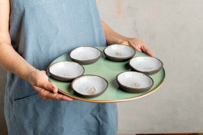 Green-Turquoise Large Platter & 6 Bowls Set, Seder Plate, Handmade Ceramic Large Serving Set, Nachos and Snacks Serving Dish, Wedding Gift image 1