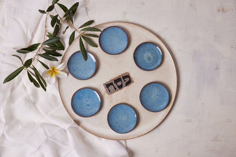 Handmade Ceramic Large Seder Plate, Jewish Holiday Gift, Passover Gift, Cream and Blue Gift for Jewish Wedding, Judaica Gift, Made in Israel image 2