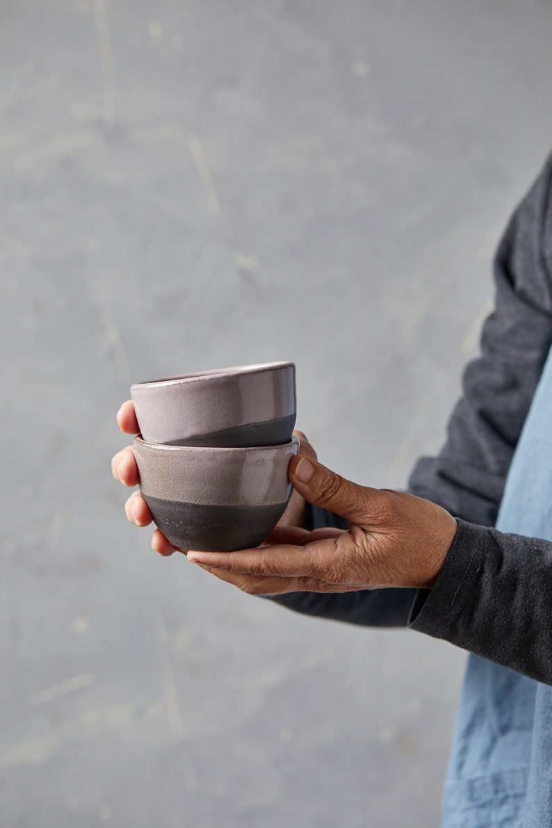 Set of TWO Handmade 10 oz Coffee Cups Without Handle, Black and Lilac Ceramic Cups, Cappuccino Pottery Coffee Cups / Teacups Set, Mom Gift image 4