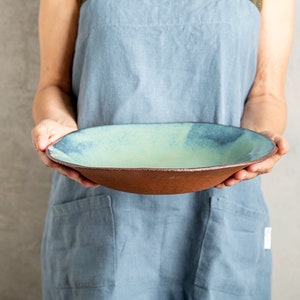 Pottery Turquoise Terracotta Large Serving Bowl, Rustic Ceramic Teal Blue Decorative Fruit Bowl, Dinner Serving Dish, Table Centerpiece image 1