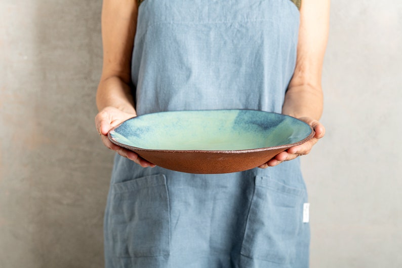 Pottery Turquoise Terracotta Large Serving Bowl, Rustic Ceramic Teal Blue Decorative Fruit Bowl, Dinner Serving Dish, Table Centerpiece image 1