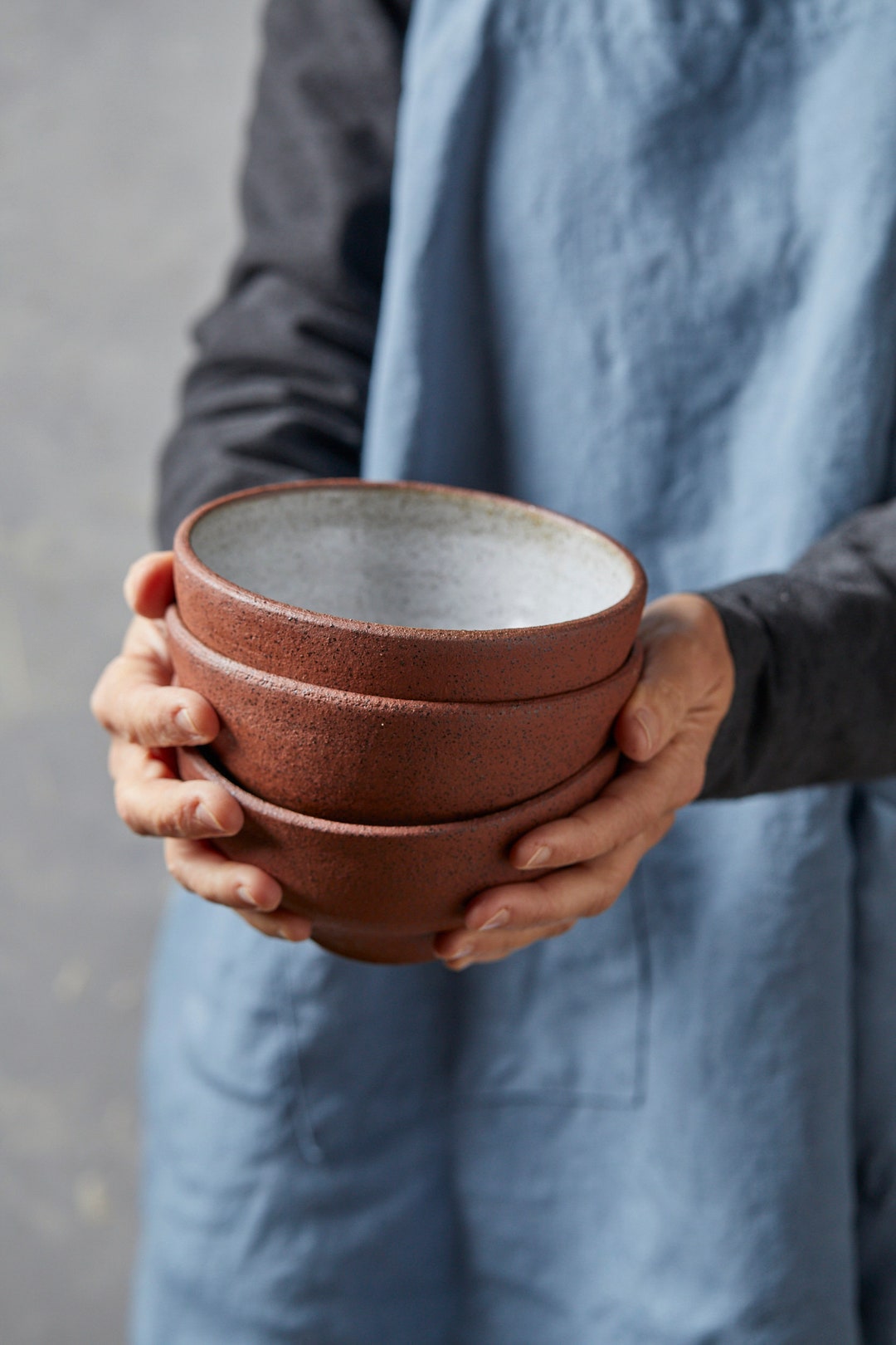 Set of TWO Handmade Soup Bowls, Ceramic Rustic Terracotta and White