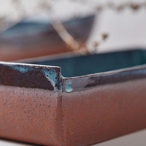 Handmade Rustic Turquoise and Terracotta Ceramic Deep Rectangular Cake Baking and Serving Dish, Pottery English Cake Casserole Dish image 6