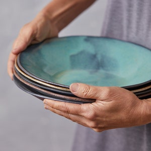 Turquoise Set of TWO Large Salad Serving Bowls, Ceramic Handmade Dinner Bowls, Pottery Rustic Pasta Bowls Set