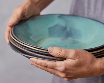 Turquoise Ceramic Salad Bowls, Handmade Rustic Pasta Bowl Set of Two