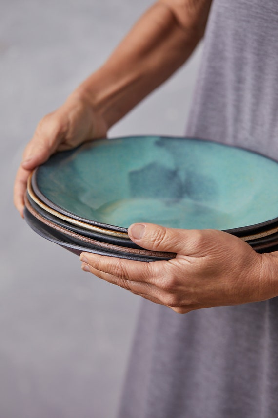 Turquoise Set of TWO Large Salad Serving Bowls Ceramic Handmade Dinner Bowls Pottery Rustic Pasta Bowls Set Etsy