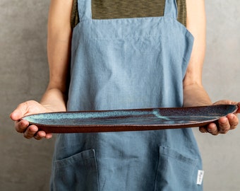 Dark Turquoise Blue Extra Long 15" Oval Pottery Platter, Dinner Serving Dish, Handmade Oval Long Plate, Cake or Sushi Serving Tray