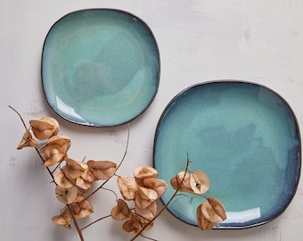 Set of TWO Handmade Plates, Pottery Dinnerware Set, Large Square Dinner Plate and Salad Plate, Modern Turquoise Tableware Set, Xmas Gifts